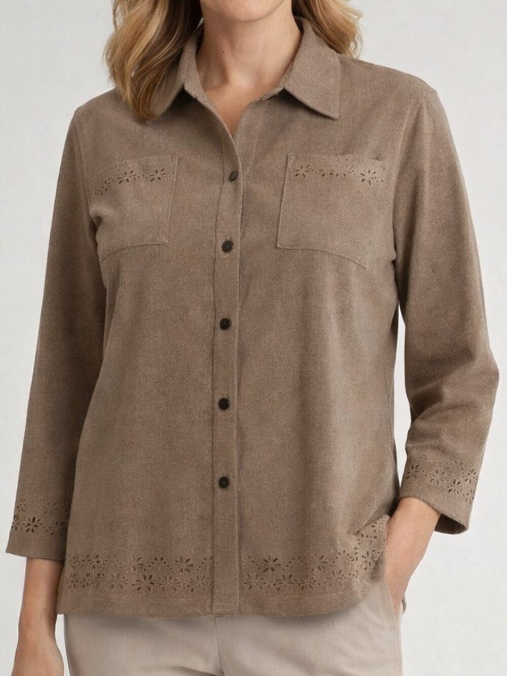 Alfred Dunner Brown Laser-Cut Faux Suede 16 Blouse - Picture 1 of 8